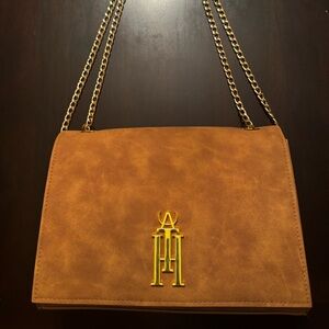 Brown Leather Shoulder Bag with Gold Chain